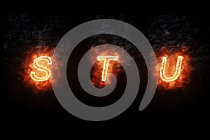 Burning font s, t, u, fire word text with flame and smoke on black background, concept of fire heat alphabet decoration photo