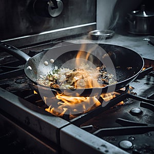 Burning food in a frying pan close-up, fire in the kitchen, disaster, emergency,