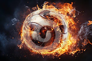 burning football soccer ball on fire is flying on black isolated background. Sport burn element concept