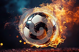 burning football soccer ball on fire is flying on black isolated background. Sport burn element concept