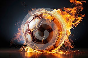 burning football soccer ball on fire is flying on black isolated background. Sport burn element concept