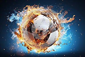 burning football soccer ball on fire is flying on blue isolated background. Sport burn element concept