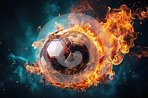 burning football soccer ball on fire is flying on dark background. Sport burn element concept