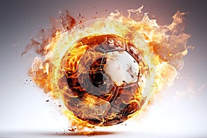 burning football soccer ball on fire is flying on white background. Sport burn element concept