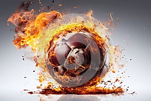 burning football soccer ball on fire is flying on white background. Sport burn element concept