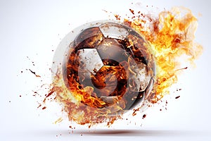 burning football soccer ball on fire is flying on white isolated background. Sport burn element concept