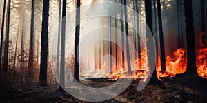 A burning forest, emphasizing the consequences of unchecked wildfires and climate change, concept of Environmental
