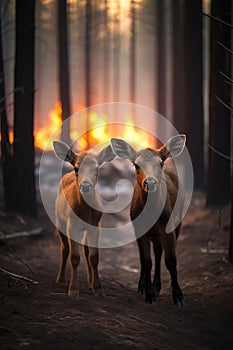 The burning forest provides an eerie setting for the moose cow and her calf, capturing the fragility of life