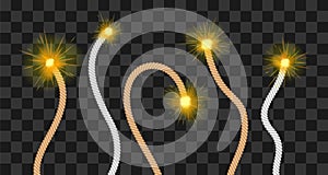 Burning fuse set. Sparkling wick on transparent background. Vector illustration.