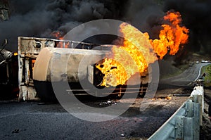 Burning gas flame tank truck road accident