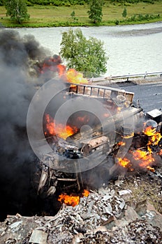Burning gas tank car road accident