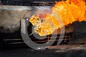 Burning gas tank car road accident