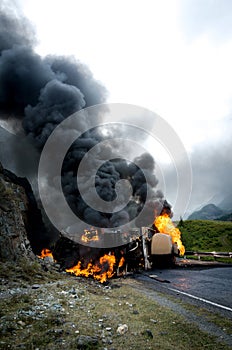 Burning gas tank truck road accident