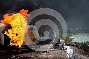 Burning gas tank truck road accident