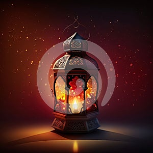 Burning gold decorated lantern on a red background. Lantern as a symbol of Ramadan for Muslims