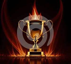 Burning gold trophy cup on dark background, flames around. Concept of success and effort, generative ai