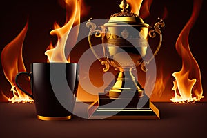 Burning gold trophy cup on dark background, flames around. Concept of success and effort, generative ai