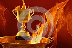 Burning gold trophy cup on dark background, flames around. Concept of success and effort, generative ai