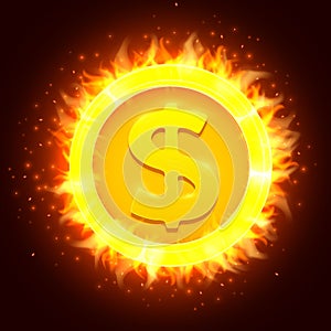 Burning golden dollar coin. Coin in fire