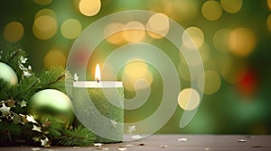 Burning green candle with christmas decorations against green background with copy space