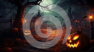 Burning halloween pumpkin head at night on dark background halloween dark festive background