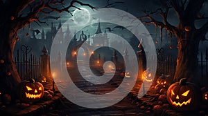 Burning halloween pumpkin head at night on dark background halloween dark festive background