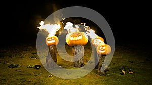 Burning halloween pumpkins on tree log in darkness, field, mist, dusk. Scary funny angry big orange pumpkin exhales fire