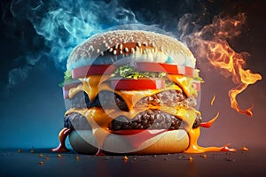 Burning hamburger cheeseburger closeup. Generative AI