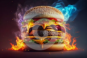 Burning hamburger cheeseburger closeup. Generative AI