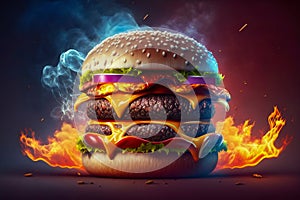 Burning hamburger cheeseburger closeup. Generative AI