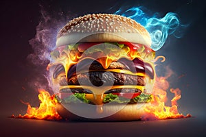 Burning hamburger cheeseburger closeup. Generative AI