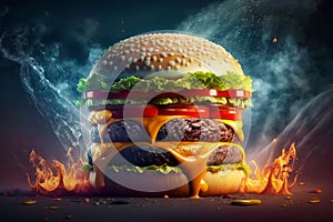 Burning hamburger cheeseburger closeup. Generative AI