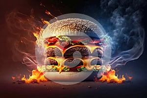 Burning hamburger cheeseburger closeup. Generative AI