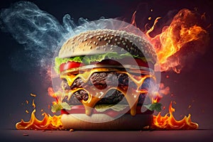 Burning hamburger cheeseburger closeup. Generative AI