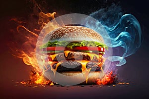 Burning hamburger cheeseburger closeup. Generative AI