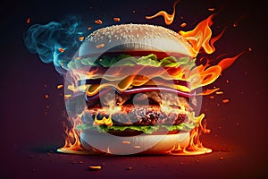 Burning hamburger cheeseburger closeup. Generative AI