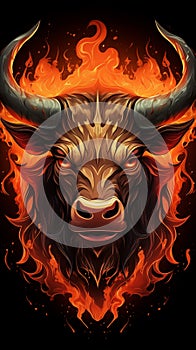A burning Head of bull, in fire, on a black background, drawing style