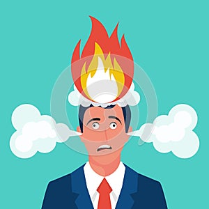 Burning head. Tired businessman with fire on his head. Fire in your hair.