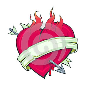 Burning heart with arrow and ribbon