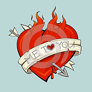 Burning heart with arrow and ribbon.