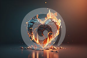 Burning heart on a dark background. 3d rendering toned image