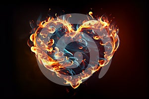 Burning heart in fire on a black background. Generative AI