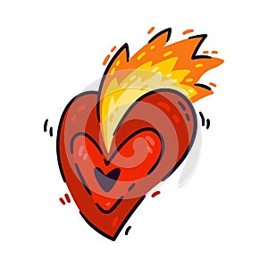 Burning heart with flame. Element for design saint valentine day, 14 February. Vector illustration doodle style isolated on white