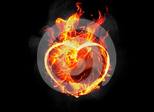 Burning heart shape with blazing flames on black background