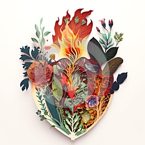 A burning heart, a stylized object of plants and flowersa collage cut out of paper created with Generative AI