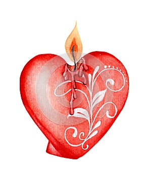 Burning heart watercolor candle with wax drips and beautiful monograms.