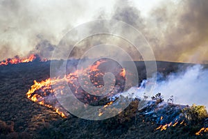 Hořící stráň plameny a kouř během 