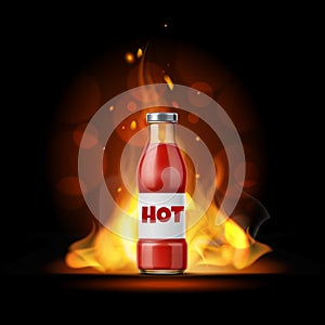 Burning hot sauce. Realistic spicy ketchup banner. Flaming condiment bottle. Chili food dressing advertising poster