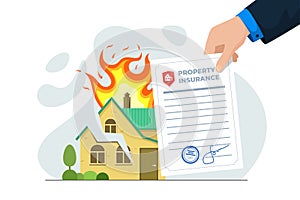 Burning house with crack and insurance agent hand hold policy. Contract for guarantee of repairs or compensation for