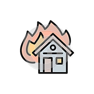 Burning house, fire insurance flat color line icon.